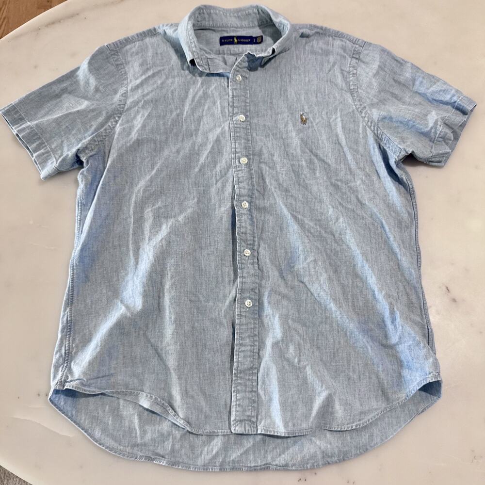 Polo Ralph Lauren Shirt Men’s L Chambray Button Down Short Sleeve Blue Career